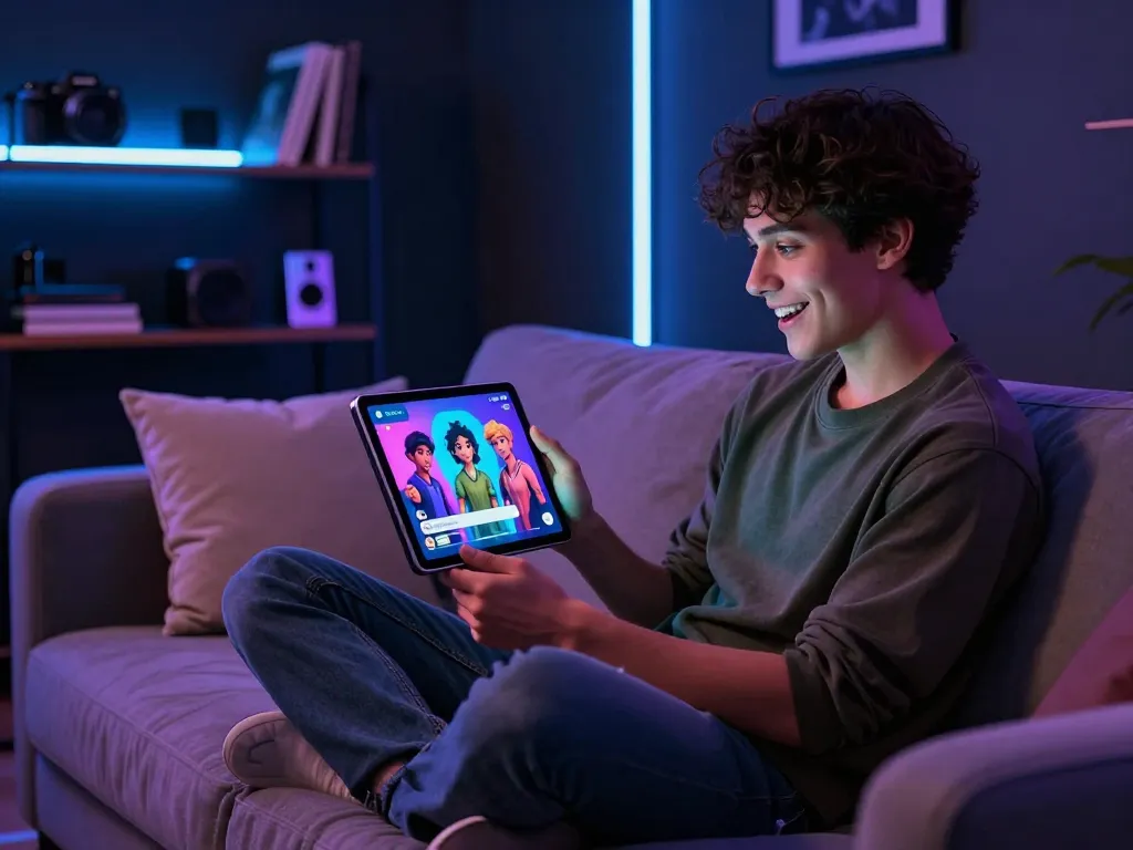 Engaging with NSFW AI characters on a tablet in a cozy environment.
