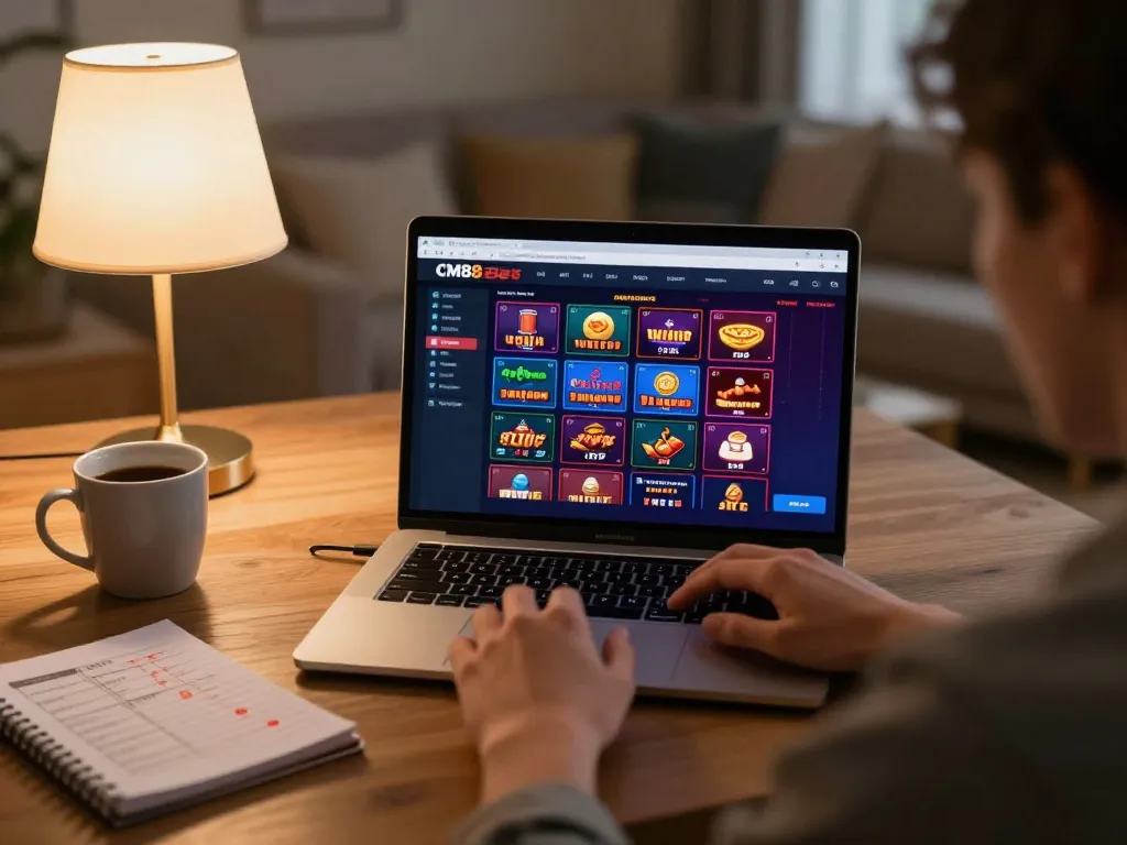 Engaged player using cm88-bet for online gambling at home, showcasing interactive gaming interface.