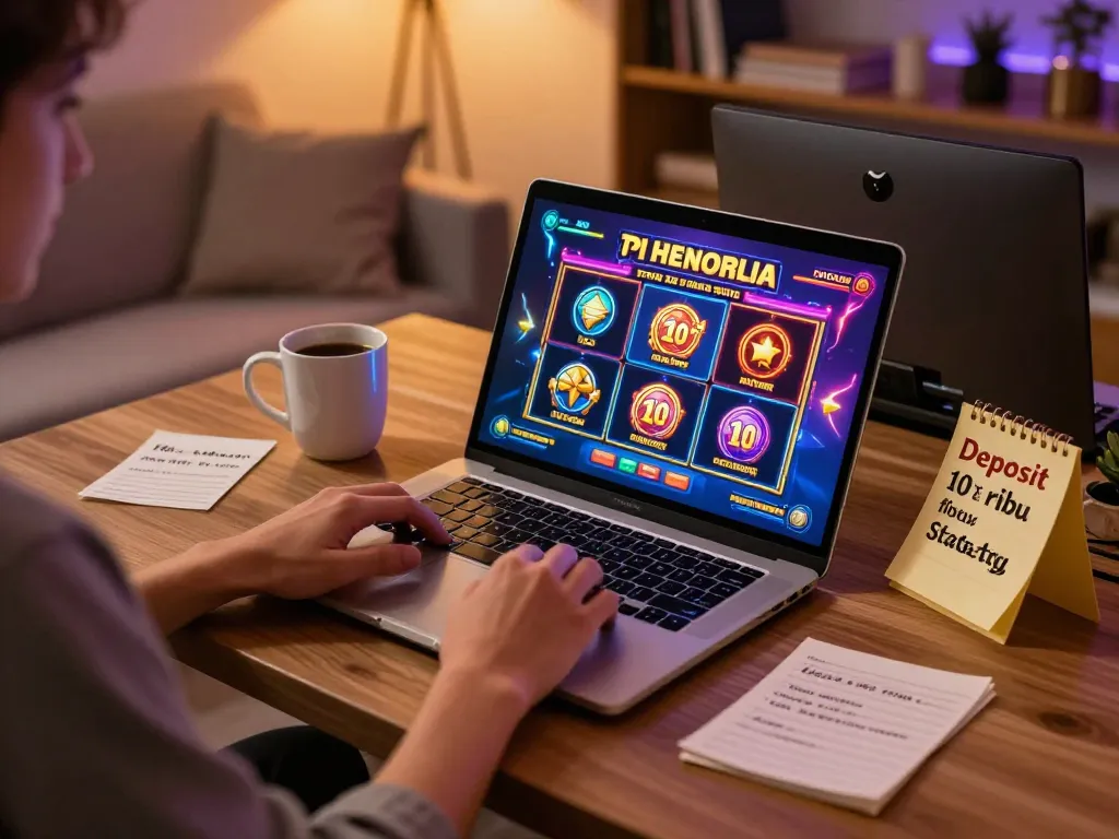 Player enjoying a slot deposit 10 ribu game on a laptop in a cozy home setting