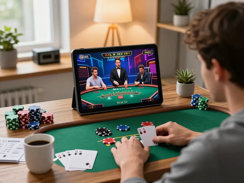 Player fully engaged in an online fly88 blackjack game from a cozy home office.