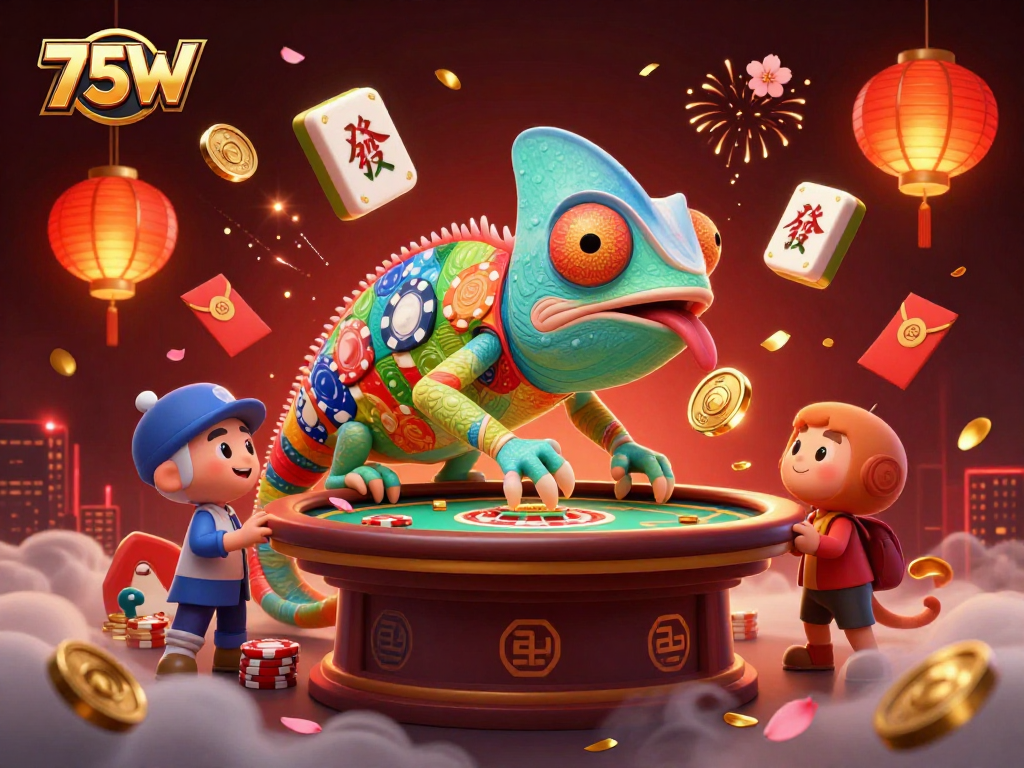 Vivencie a emoção dos jogos com 75W, um cassino vibrante chameleon em um cenário dinâmico e colorido.