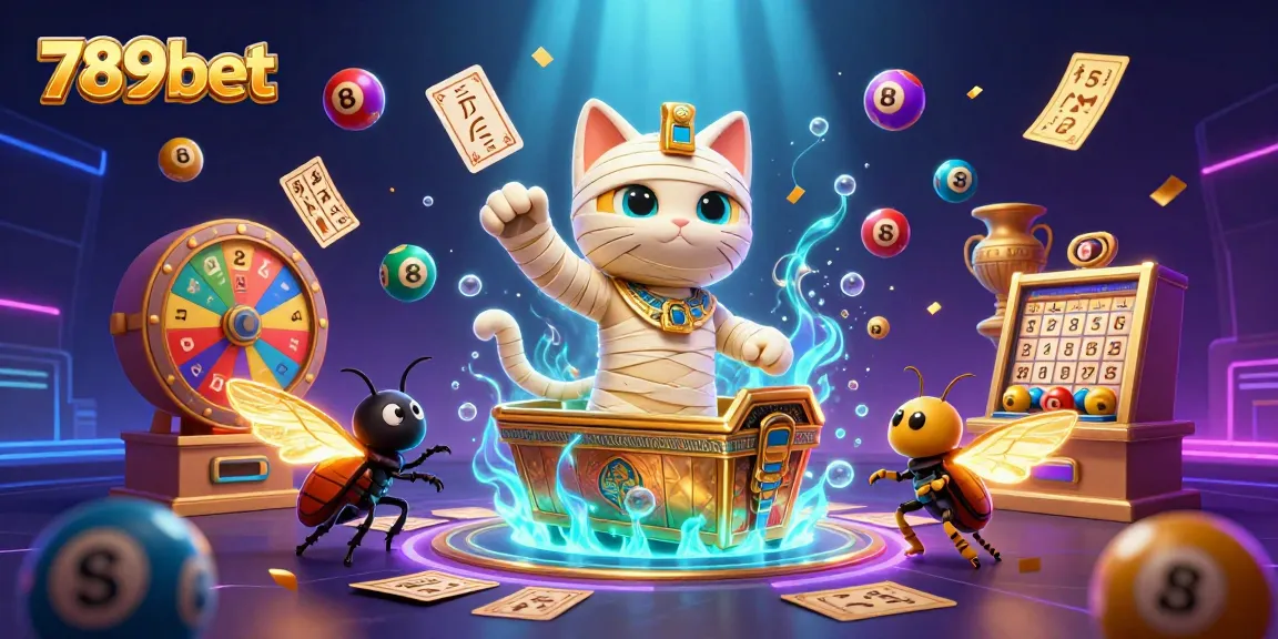 Engage with 789bet's vibrant casino world, showcasing an Egyptian mummy cat bursting with winnings.