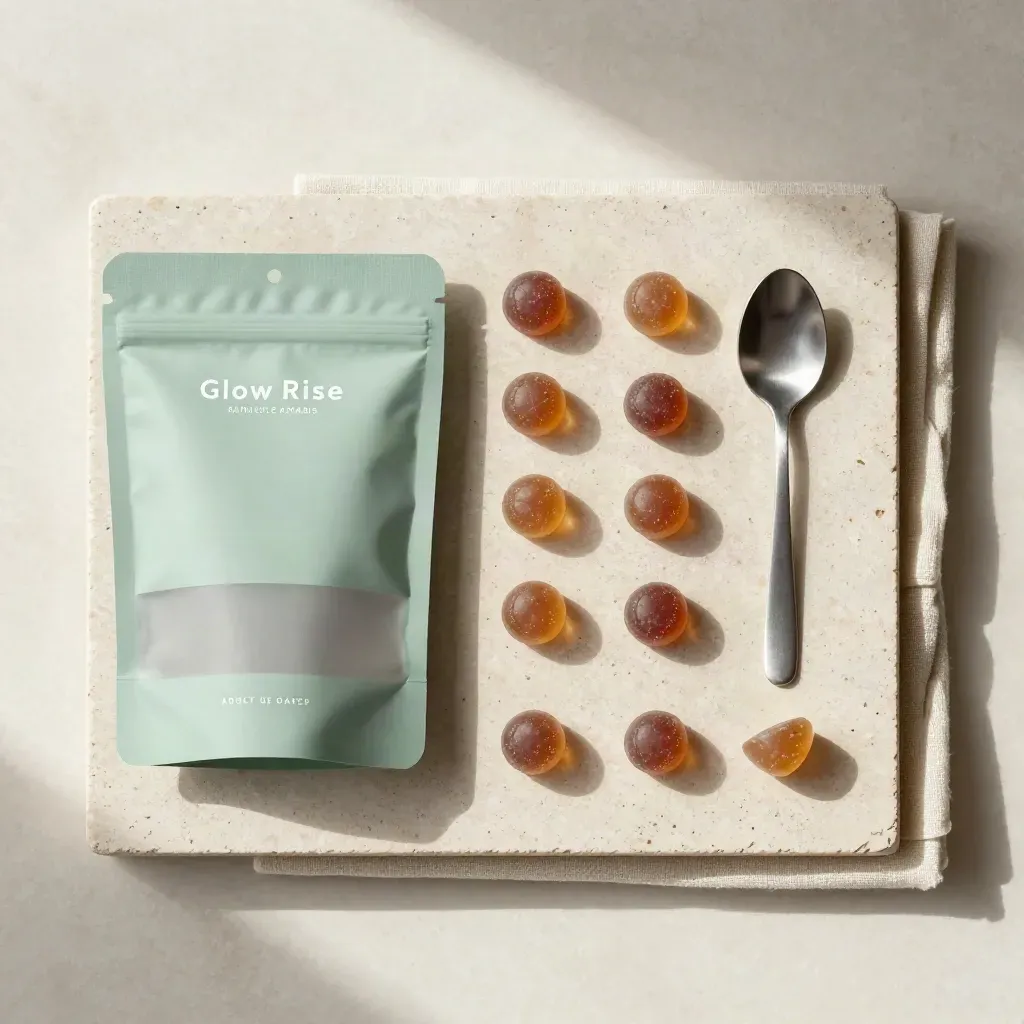 Overhead flatlay of cannabis gummies, pouch, spoon and linen on cream stone.