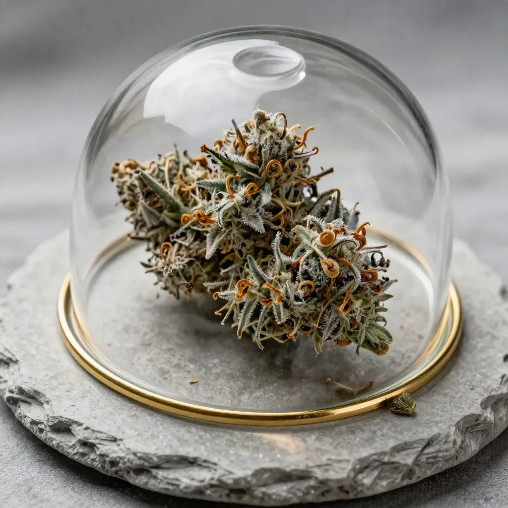 Macro Blue Dream buds under a glass cloche on pale slate with a warm gold accent.