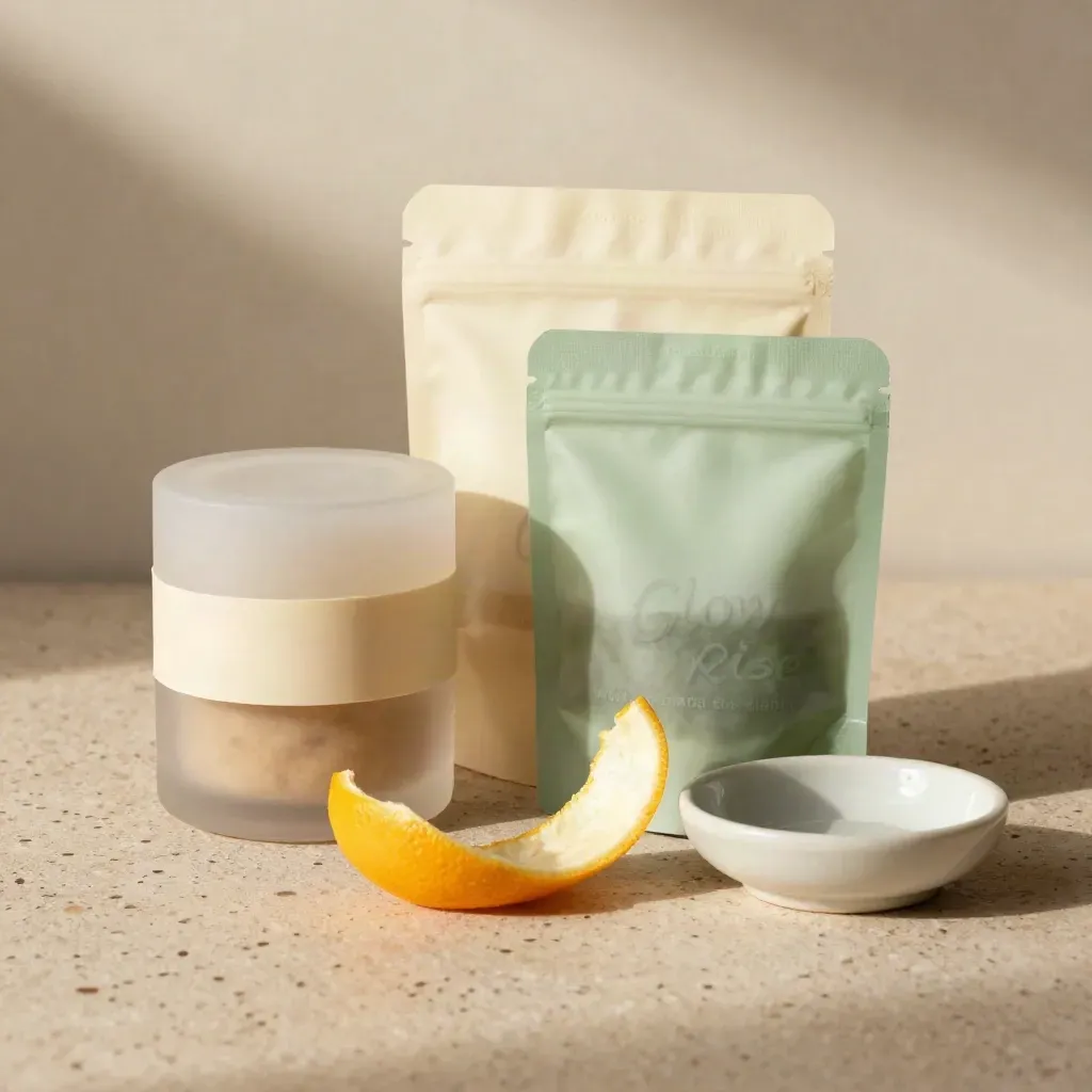 Cannabis starter bundle with jar, gummies, pouch, citrus peel and ceramic on travertine