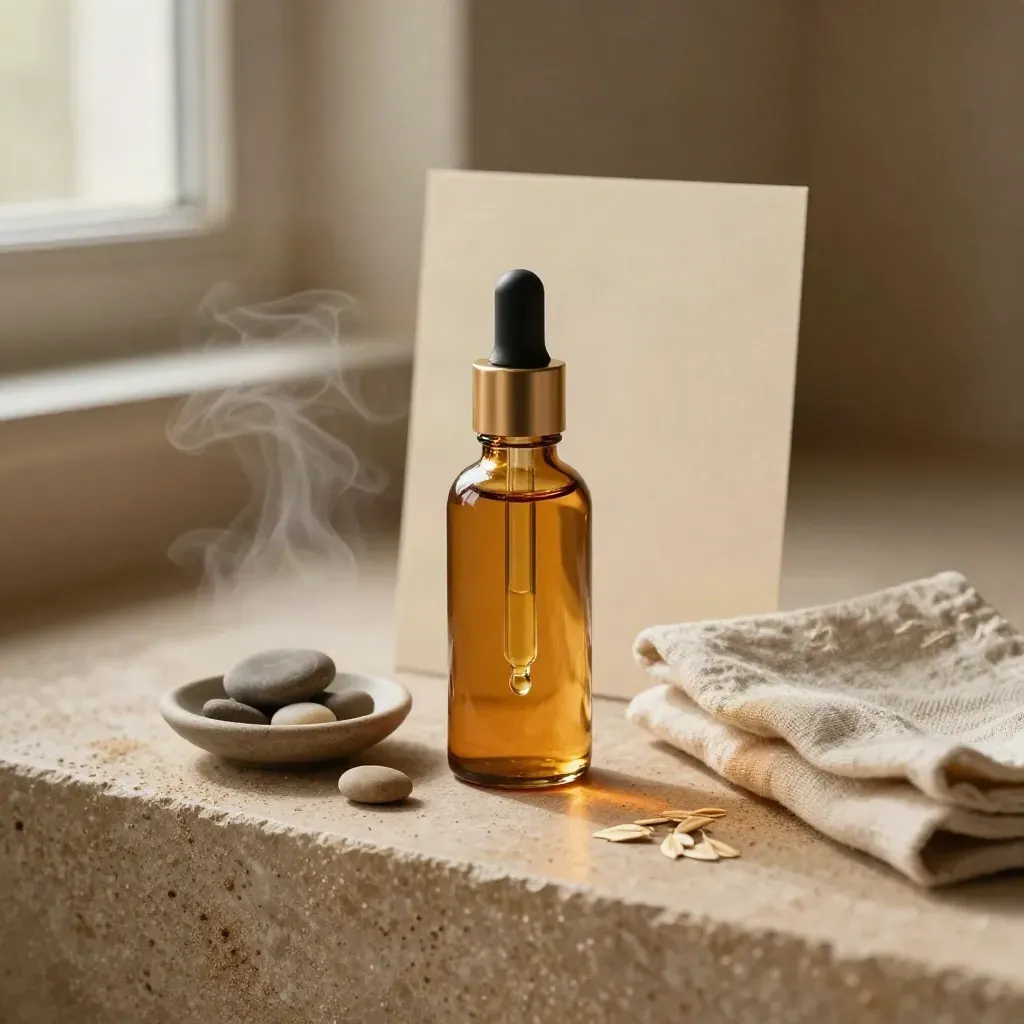 Clear tincture bottle with dropper, pebbles, linen, and steam on sandstone.