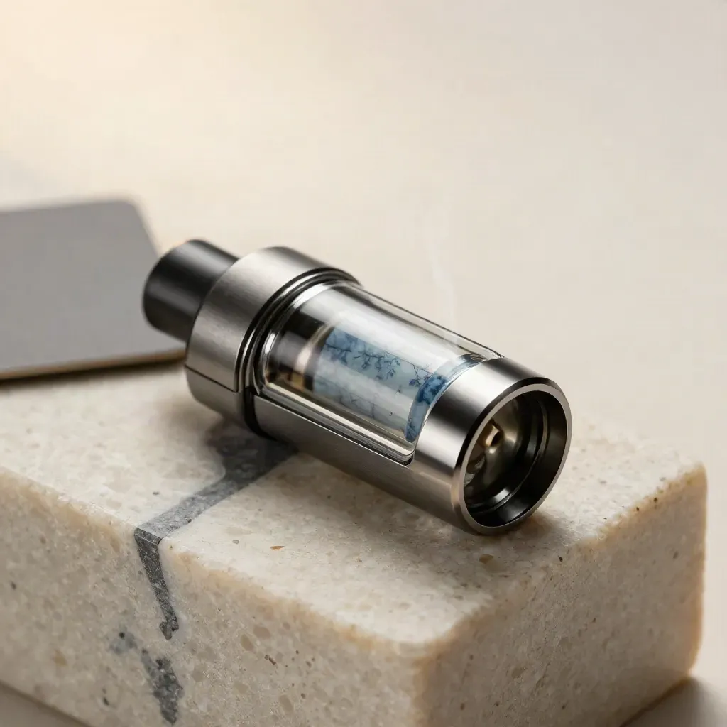 Macro vape cart with glass vial and metal strip on travertine, edge-lit with vapor wisps