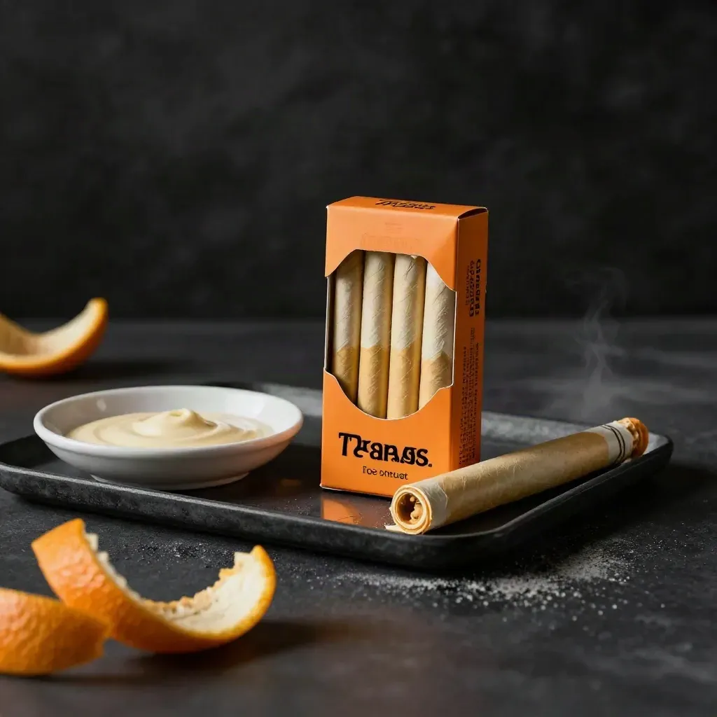 Orange Cream pre-roll pack with loose sticks, ceramic dish and citrus peel on a graphite tray.