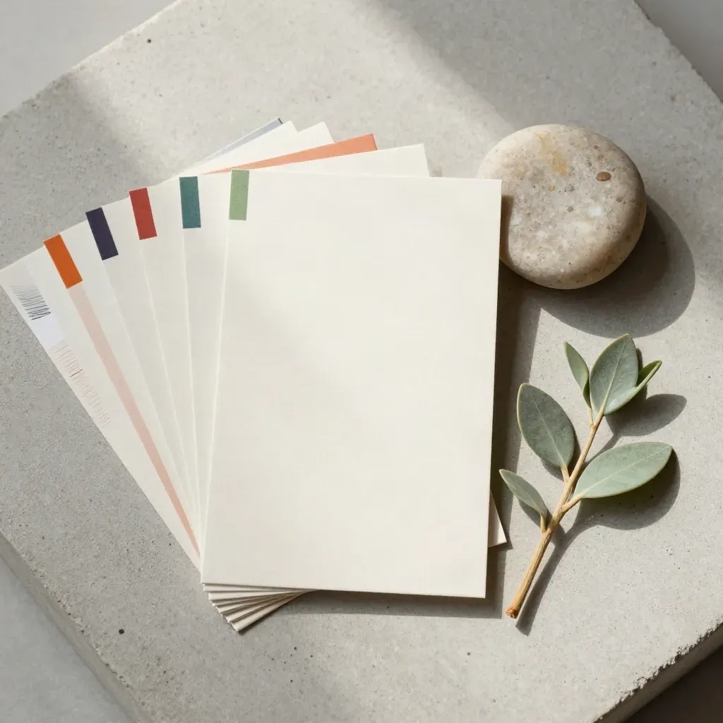 Top-down terpene guide cards with herbs, stone paperweight, and edge tabs