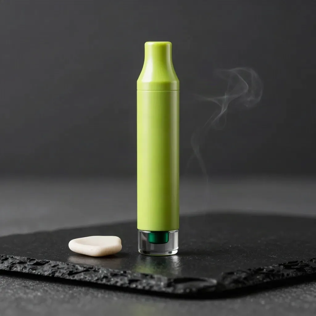 Lime vape cart with dark glass, pale ceramic, and a thin vapor curl on matte black.