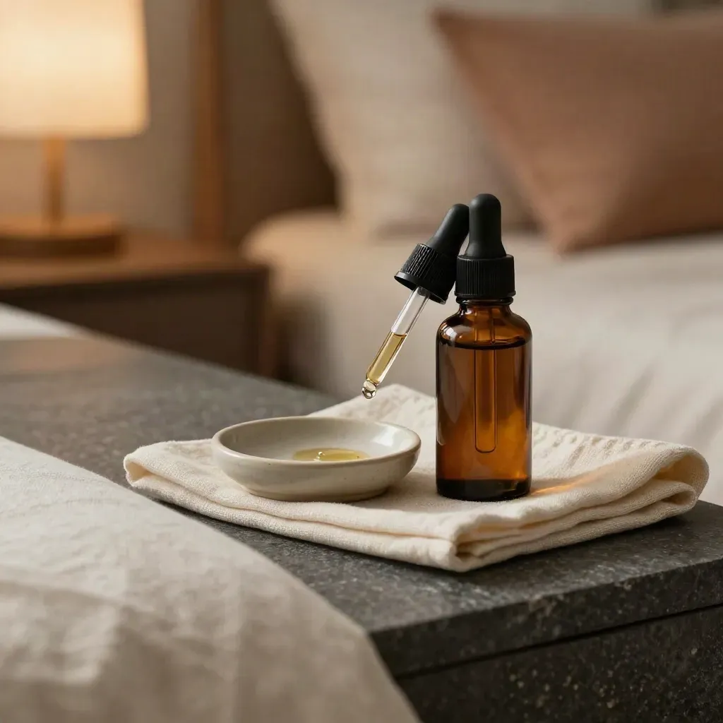 Amber tincture bottle with dropper above dish on charcoal stone, beside a folded linen napkin.