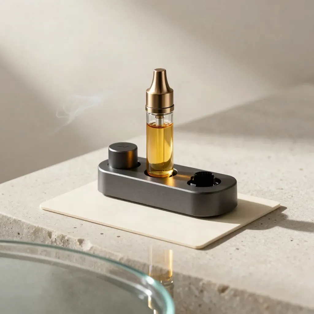 Pineapple Haze vape cart on a charger base with vapor ribbon, pale stone, and warm brass highlights.