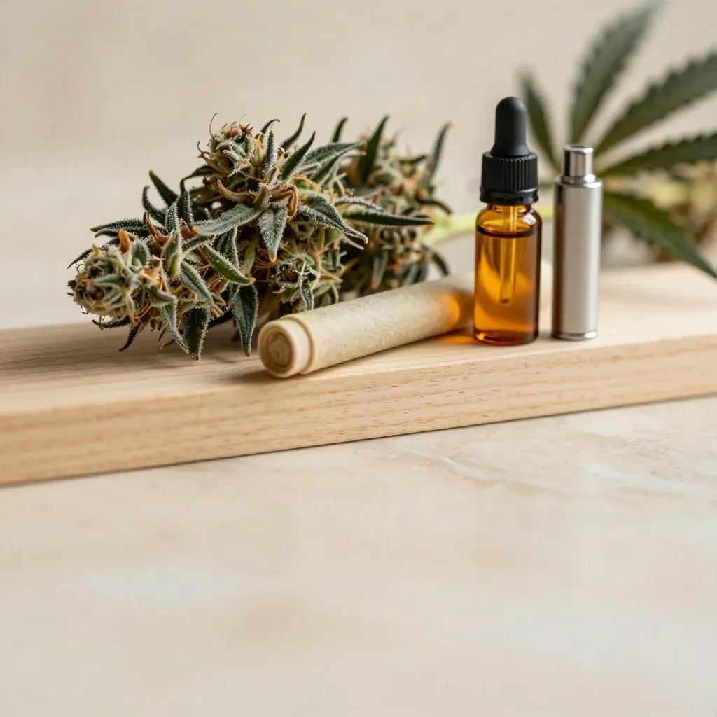 Macro cannabis buds with tincture vial, pre-roll tube and vape cartridge on cream marble