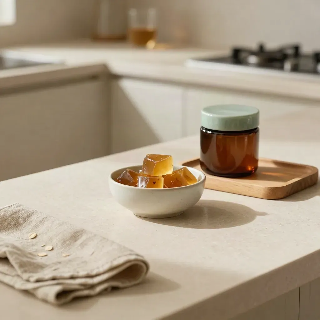 Cream counter with cannabis edibles bowl, oak tray, linen, and blurred glassware in soft daylight.