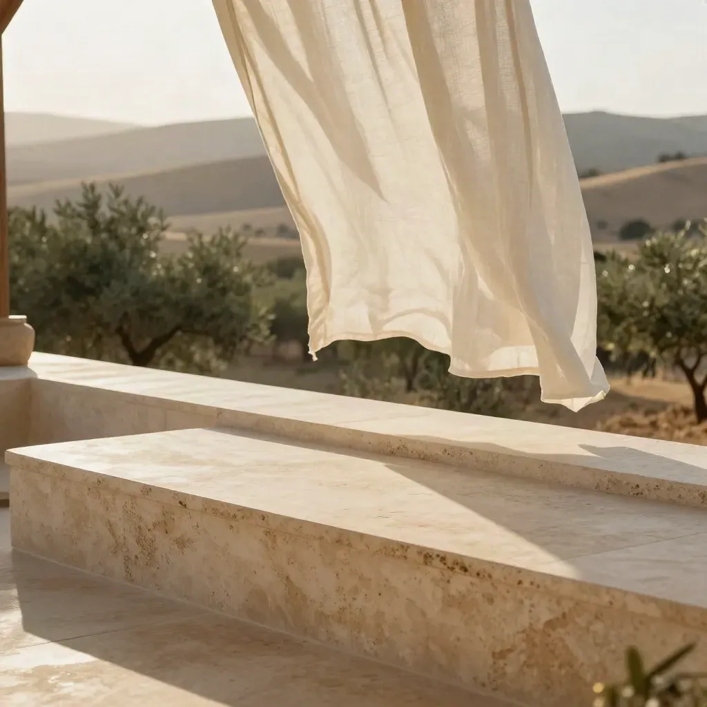 Travertine terrace ledge, lifted linen drape, olive foliage, golden haze at sunset