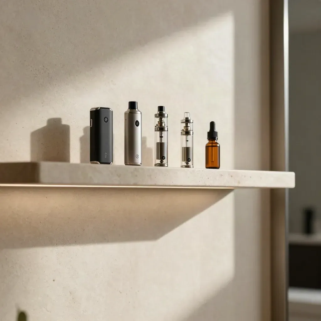 Premium vape devices and cartridges on a sunlit stone ledge in a modern alcove.