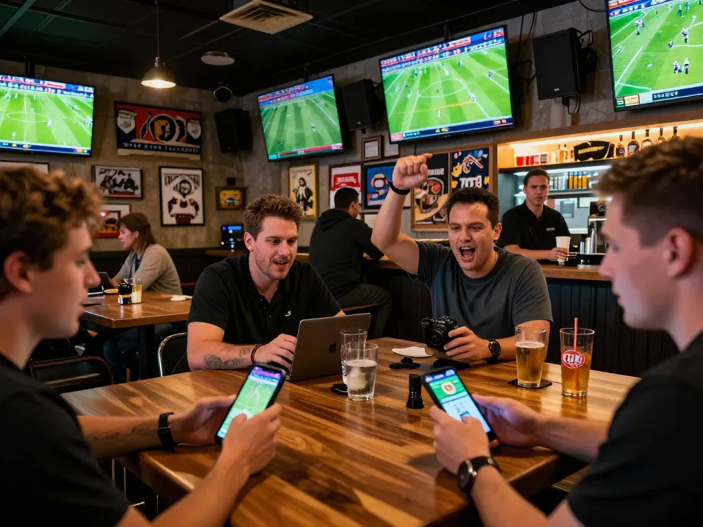 Tỷ lệ kèo nhà cái hôm nay in a lively sports bar with friends celebrating exciting betting moments.