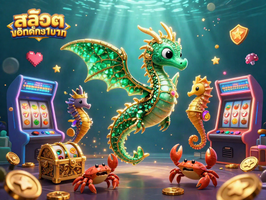 Engage in สล็อตฝากขั้นต่ำ1บาท with a stunning aquatic 3D scene featuring mythical creatures and gaming elements.