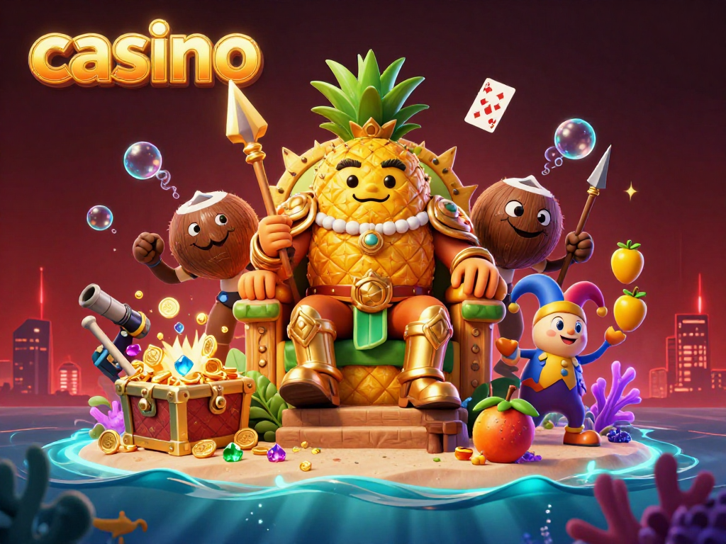 Enjoy a vibrant casino scene with the golden pineapple king, showcasing riches and playful elements.
