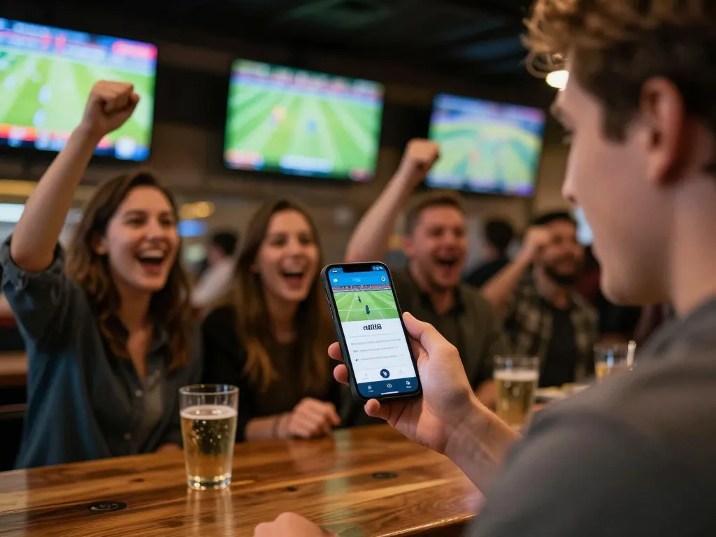 Placing bets with the app dn88 while enjoying live sports action in a vibrant sports bar.