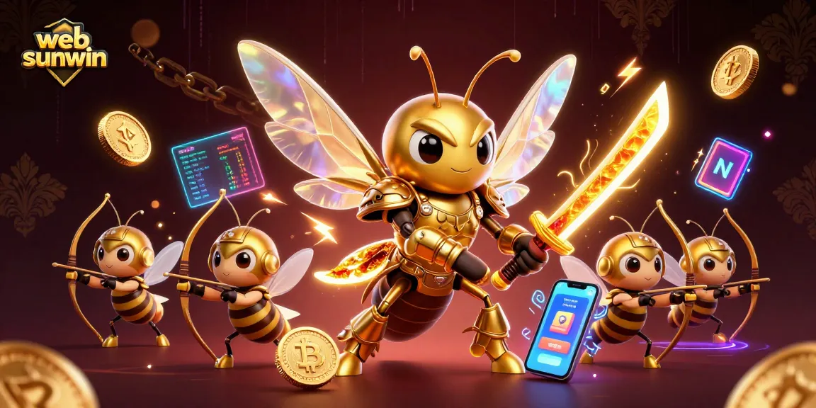 Play exciting games on web sunwin; vibrant 3D illustration depicting a golden hornet in casino action.