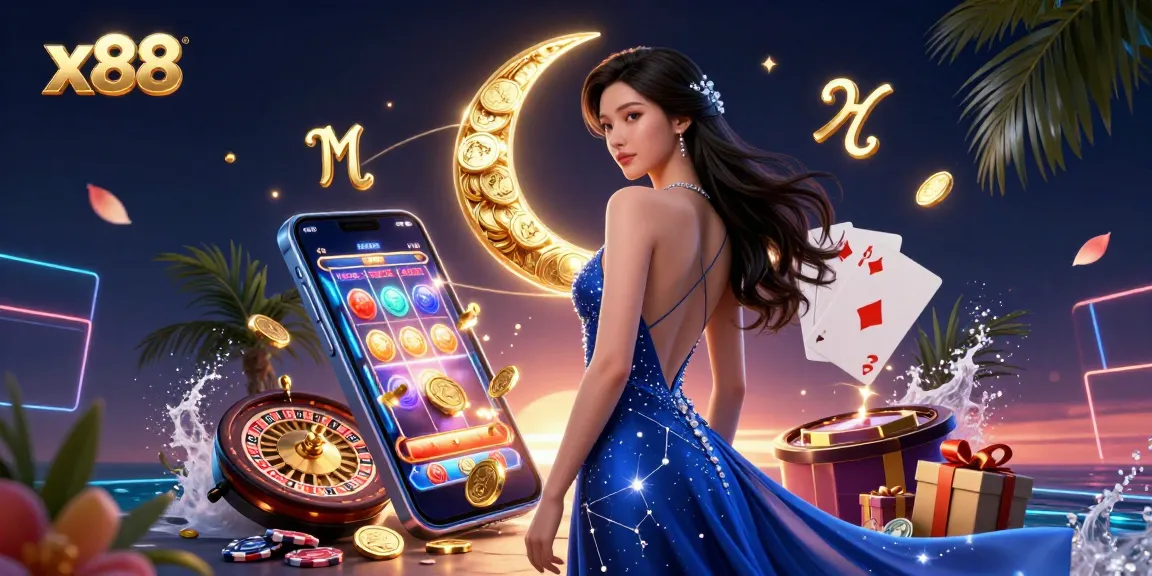 x88 engages with thrilling slot games in a vibrant casino illustration showcasing spinning reels and casino excitement.