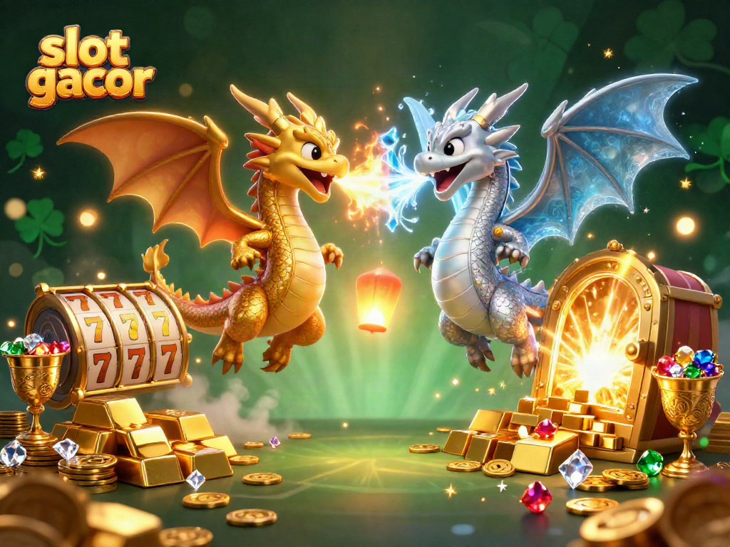 Engage with slot gacor in this vibrant 3D illustration featuring dragons and treasure.