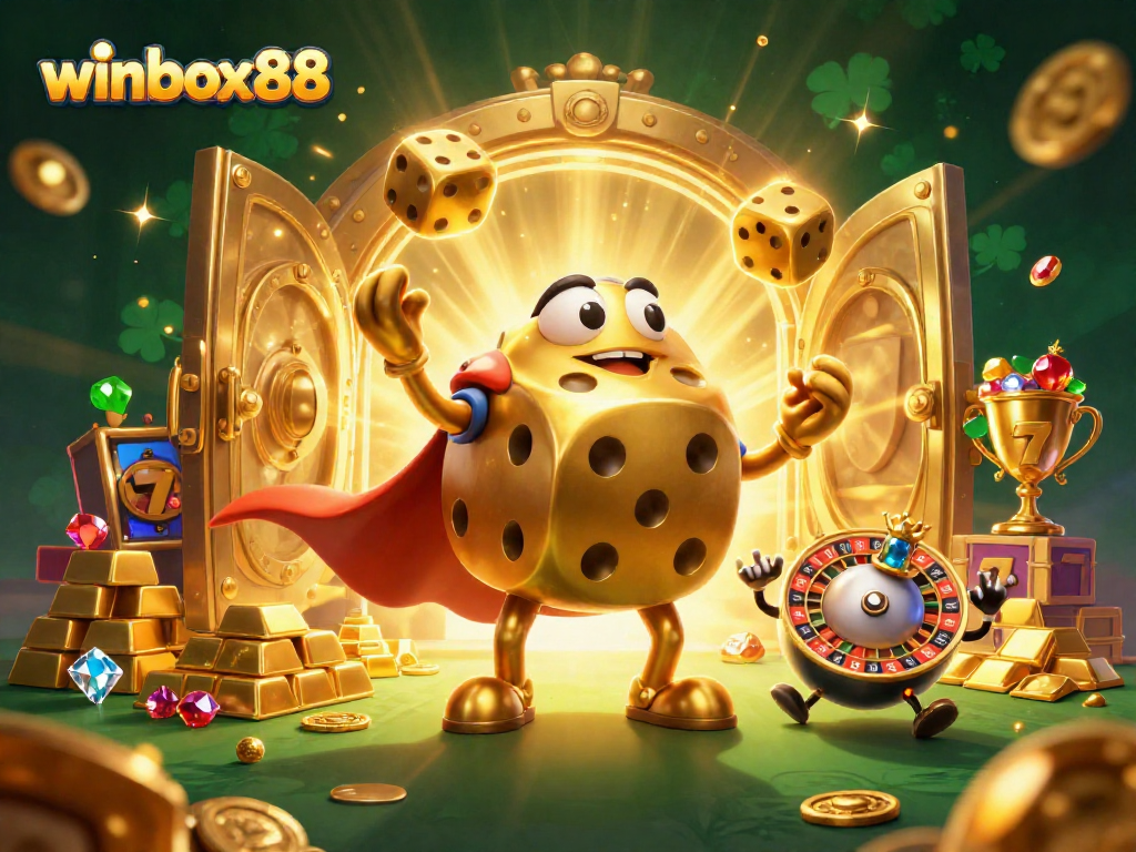Winbox88: 3D cartoon illustration of a golden dice golem with vibrant casino elements for gambling fun.