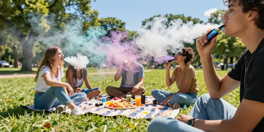 Person enjoying Hitz infinity Gen 7 vape in a sunny park with friends.