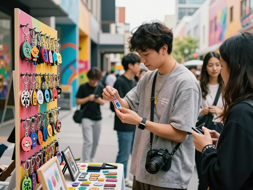Engaging artist showcasing customized keychains at a vibrant street market