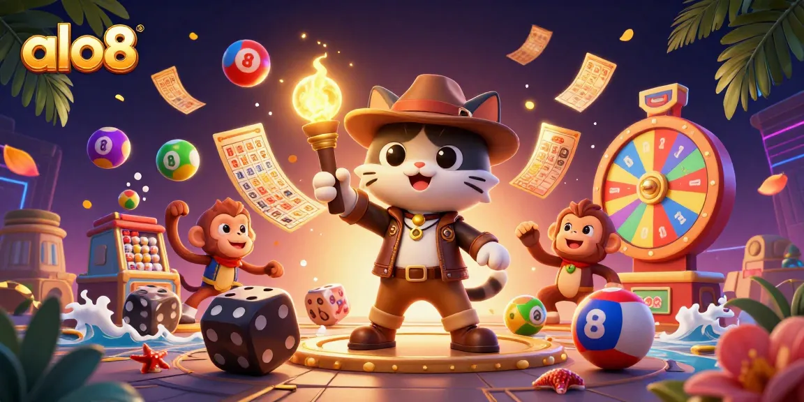 Play and win with ALO8 in a vibrant casino-themed digital illustration featuring a cat and monkey.