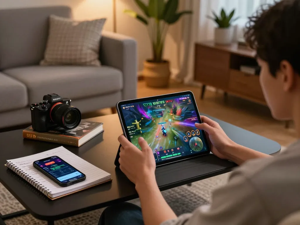 Engaged user playing nsfw games on a tablet in a cozy living room with strategic notes visible.