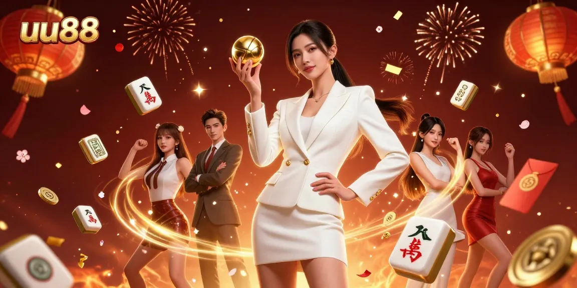 uu88 symbolizes vibrant gaming with a confident Asian woman holding a roulette ball amidst dynamic casino elements.