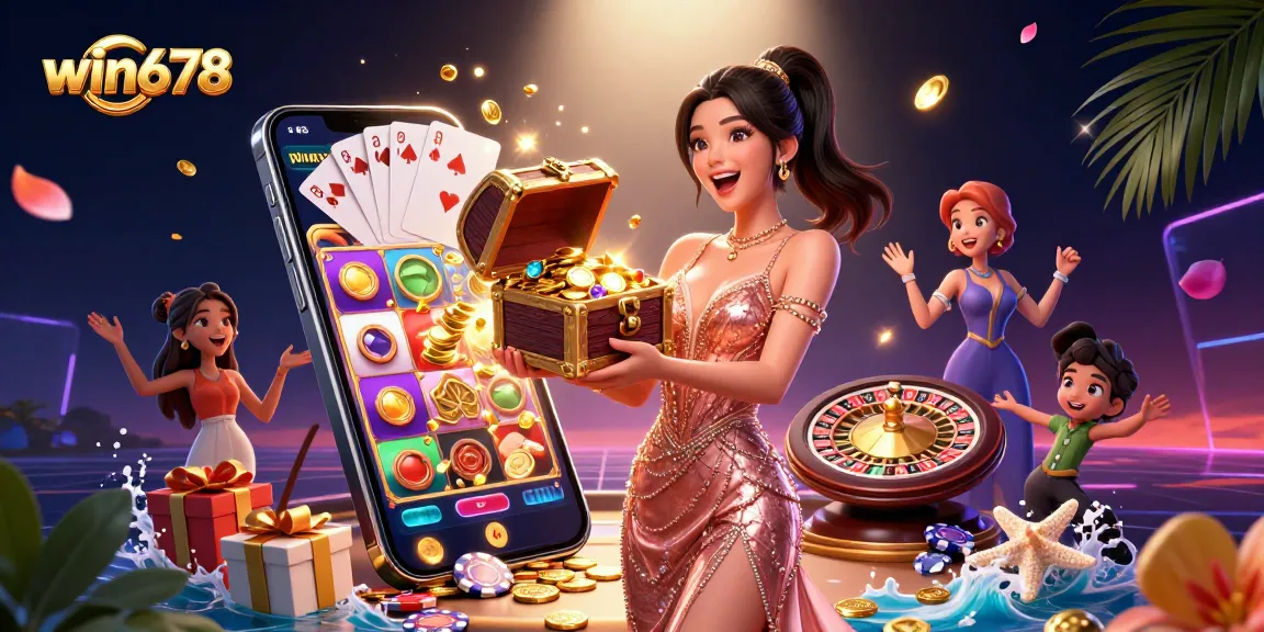 Experience thrilling gaming at win678 with a joyful woman presenting a treasure chest and vibrant casino elements.