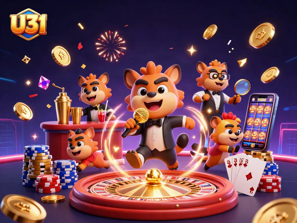 Experience the dynamic fun of U31 with a vibrant casino illustration featuring comedians and lively gaming elements.