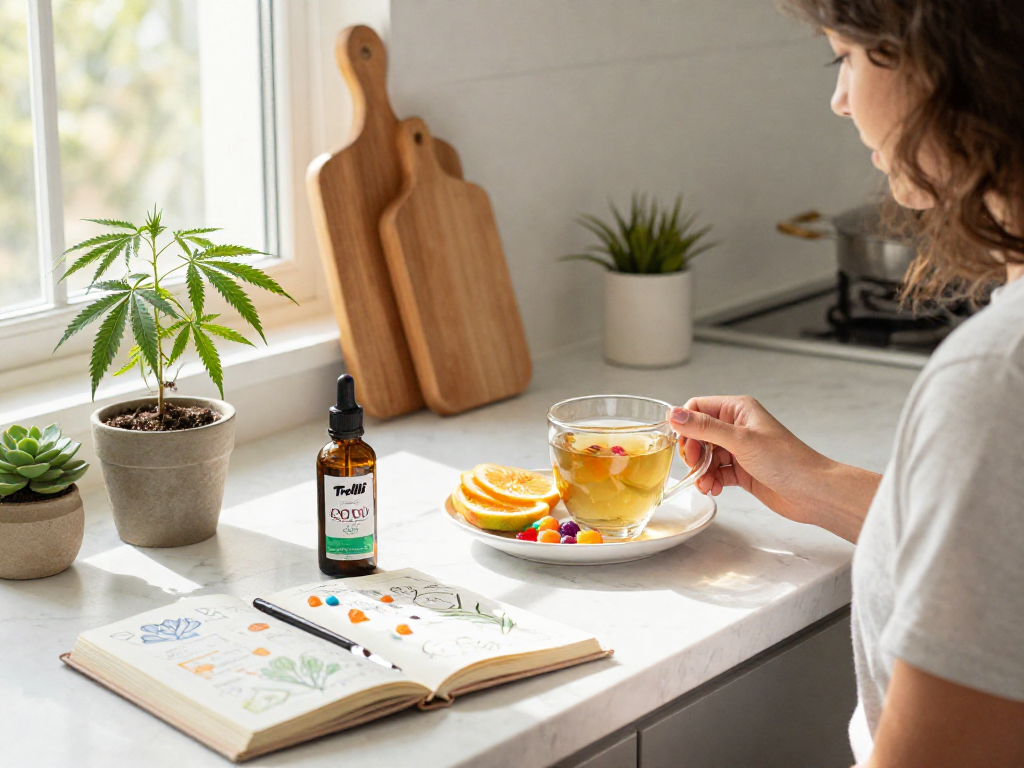 Tasting Trolli sweets infused with CBD oil in a bright kitchen filled with natural wellness elements.