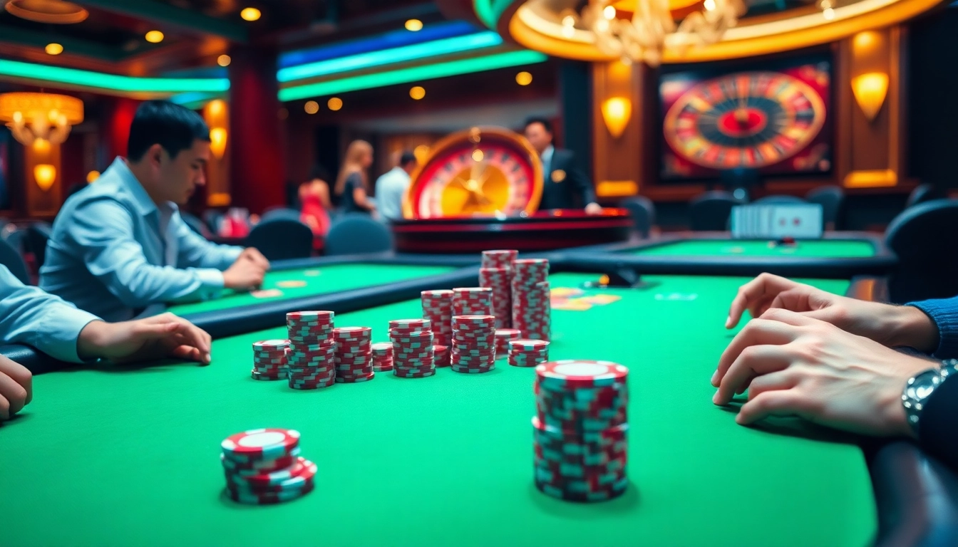 Players strategizing at a UU88 COM poker table, surrounded by vibrant casino elements.