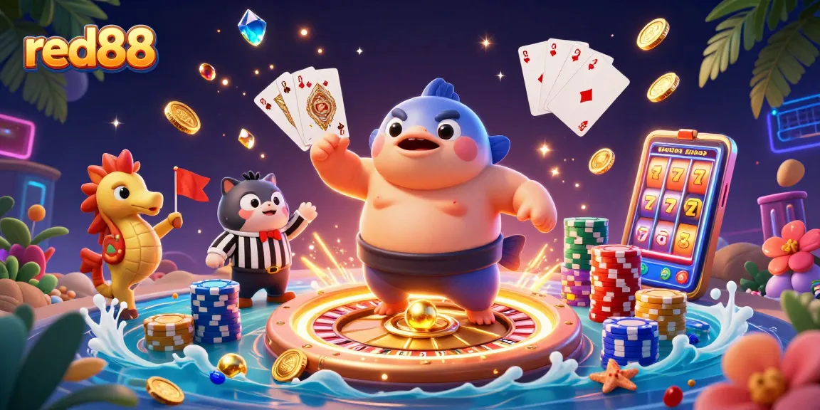 Experience fun with red88 as the fugu, catfish referee, and seahorse fans engage in a lively underwater casino scene.