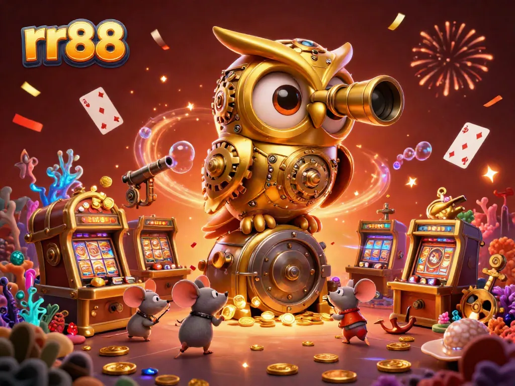 Experience the magic of rr88 with vibrant casino imagery and animated golden owl characters.