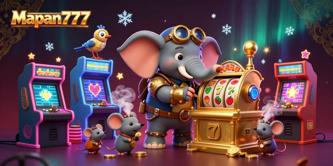 Engage with Mapan777 while spinning colorful slot machines in a vibrant casino illustration.