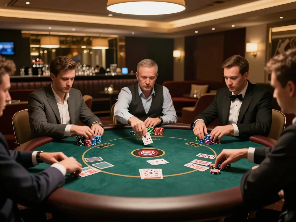 xx88 players strategizing at a luxury poker table in an upscale setting, engaging in high-stakes gambling.