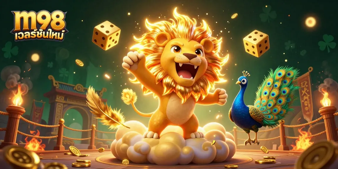 Engage in thrilling gameplay with m98 เวอร์ชั่นใหม่, as vibrant dice and a roaring sun lion enhance your winning chance.