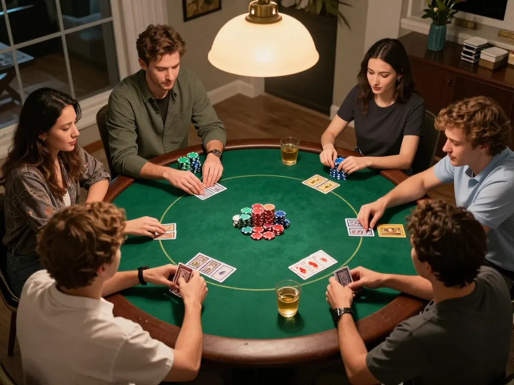 Friends enjoying a home poker game with HB88 atmosphere, chips and cards on the table