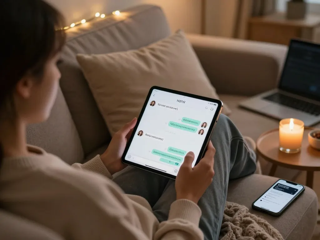 Engaging nsfw ai chat on a sleek tablet in a cozy intimate setting.