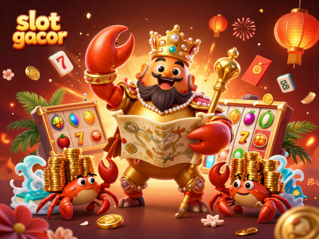 Menggandeng strategi slot gacor, ilustrasi raksasa kepiting emas dengan simbol permainan dan koin berkilauan