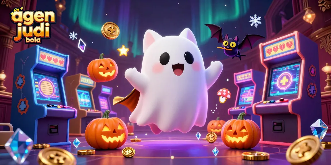 Engage in agen judi bola with friendly ghost cat and vibrant casino elements in the haunted mansion.