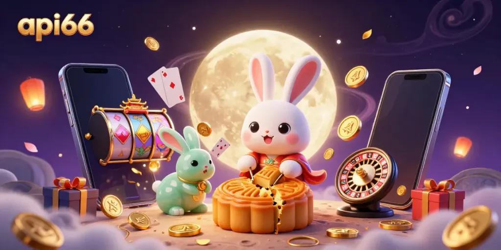 Experience api66 with vibrant casino activities featuring the moon rabbit and poker chips.