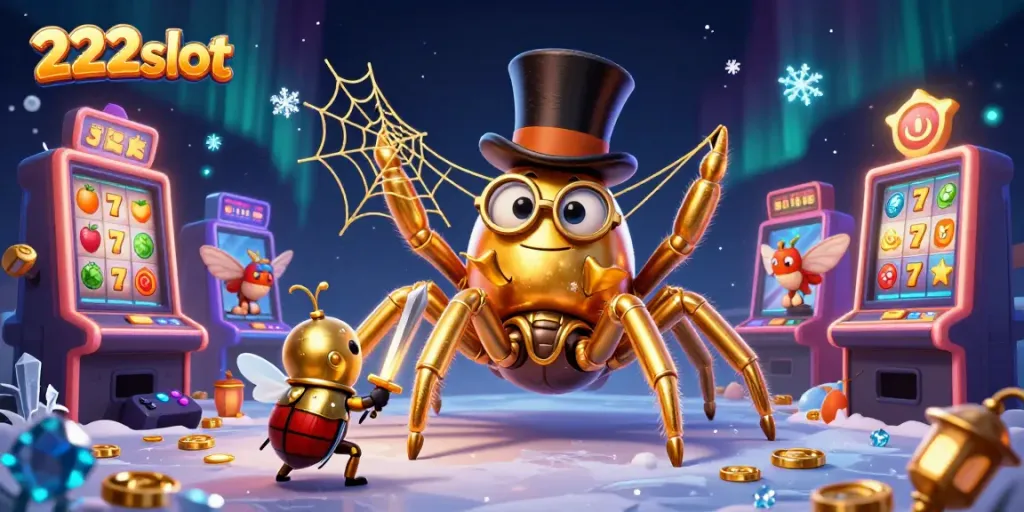 Mesin slot 222slot dengan tarantula raksasa dan ksatria beetle berani dalam suasana kasino.