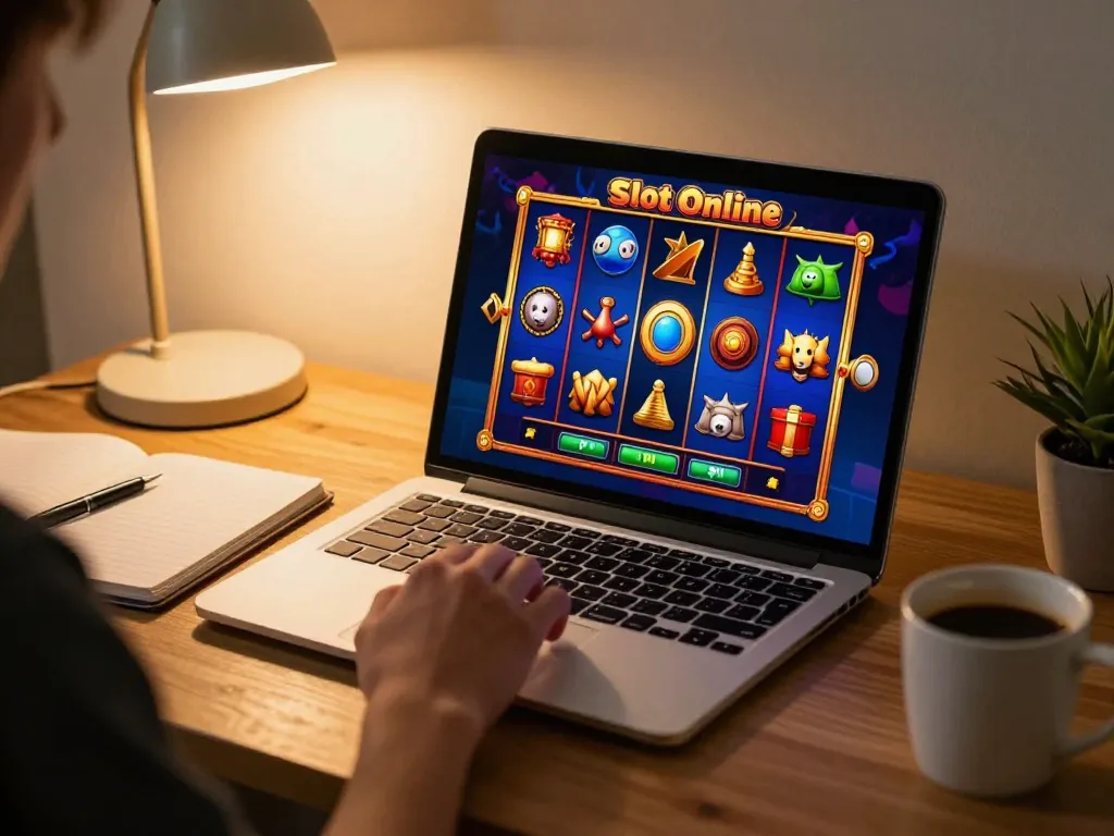 Player spinning Slot Online reels on laptop in cozy home office, showcasing dynamic gameplay.