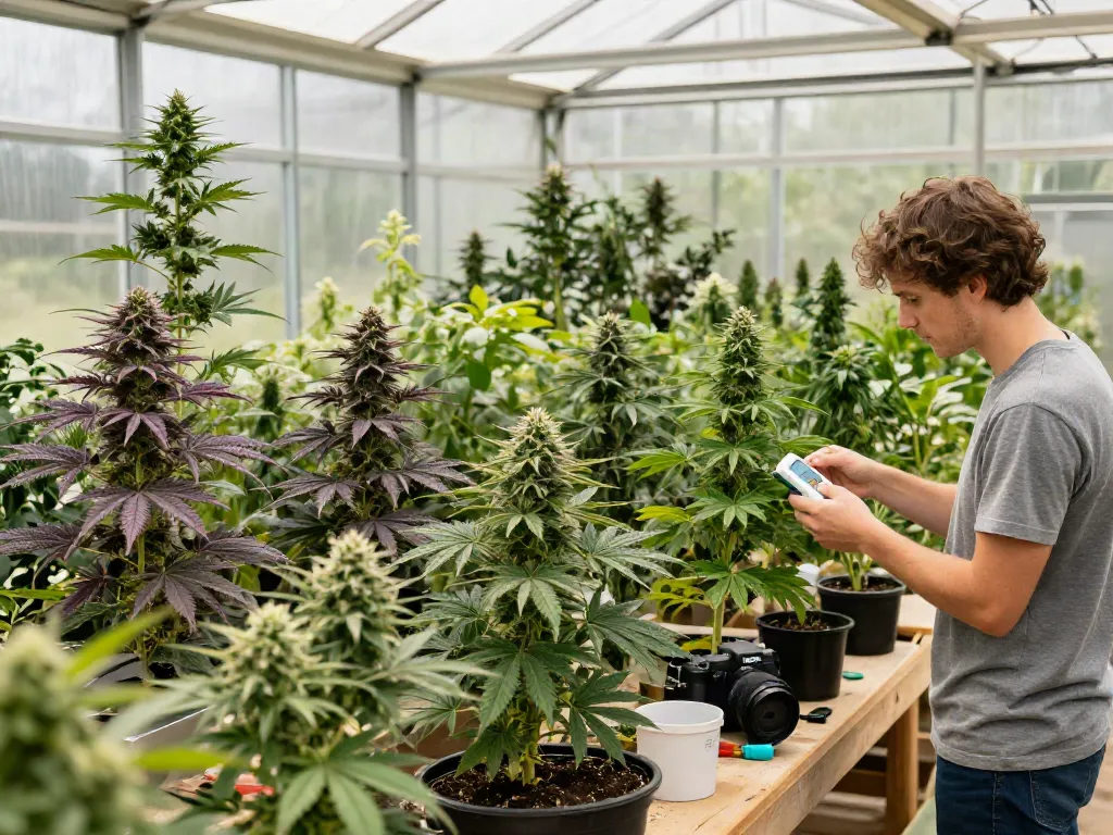 Autoflowering cannabis seeds thriving in a vibrant greenhouse, illustrating diverse plant growth.